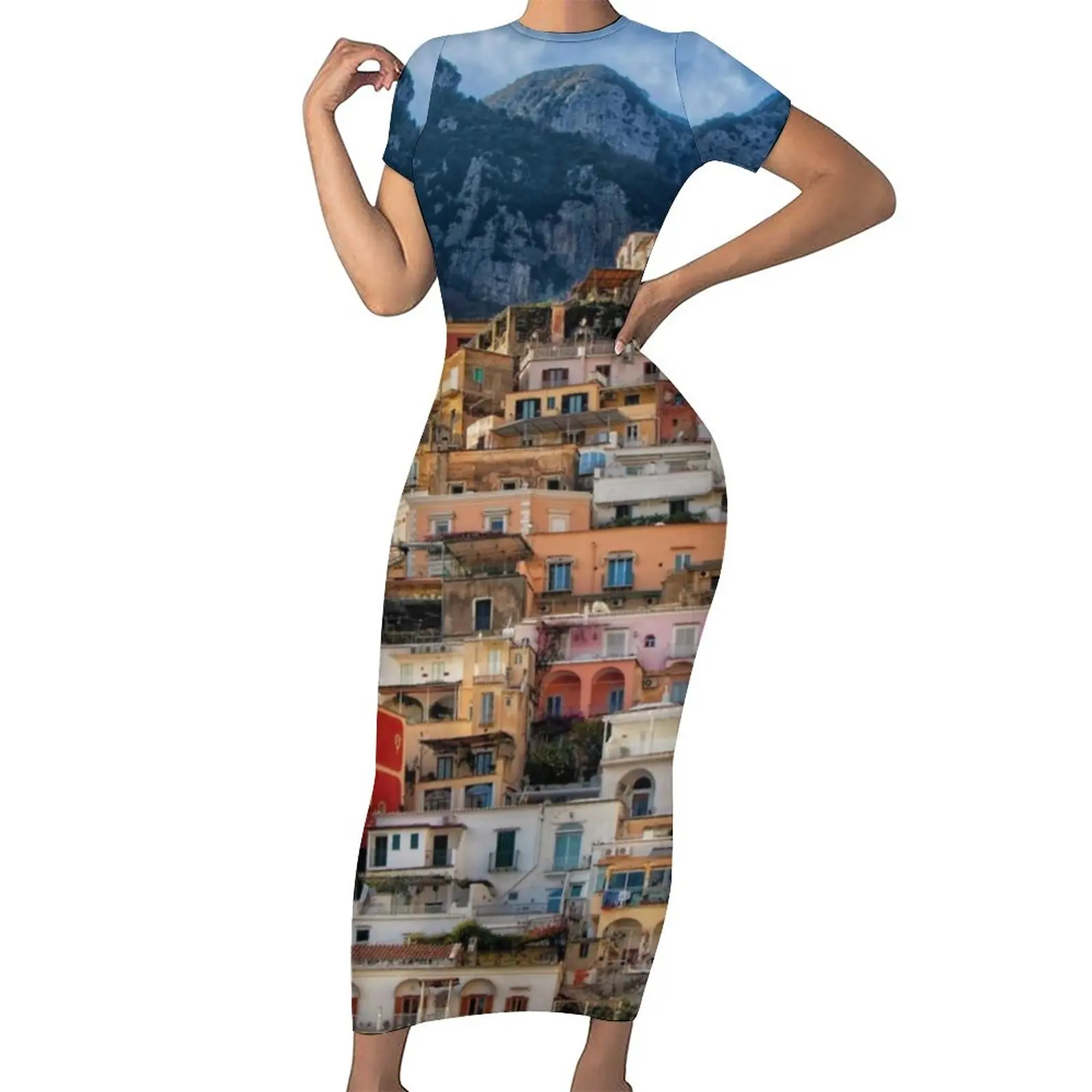 

Architecture Mountains Bodycon Dress Holiday Italy Positano Elegant Maxi Dresses Ladies Short Sleeve Pattern Street Wear Dress