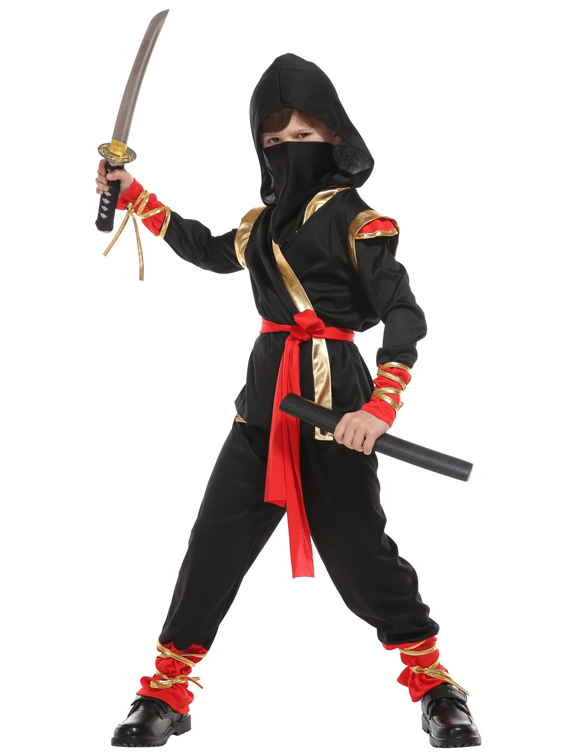 Детский костюм ниндзя с капюшоном для мальчиков красный черный карнавальный