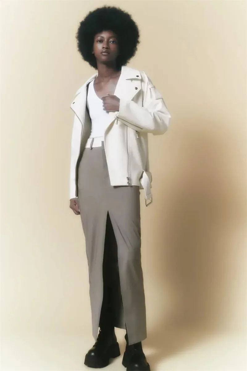 KoHuiJoo Black White Motorcycle Leather Jacket Autumn Women Turn-down Collar Short Loose PU Casual Female Oversize With Belt