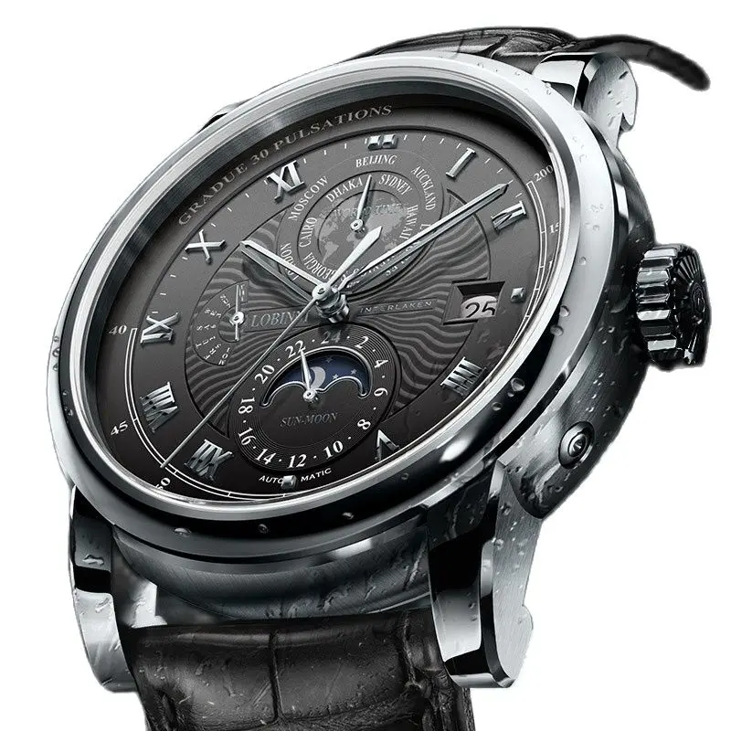 

LOBINNI Luxury Brand Seagull ST16K3-3A Automatic Mechanical Men's Watches Sapphire World Time Moon Phase Waterproof Clock L16003