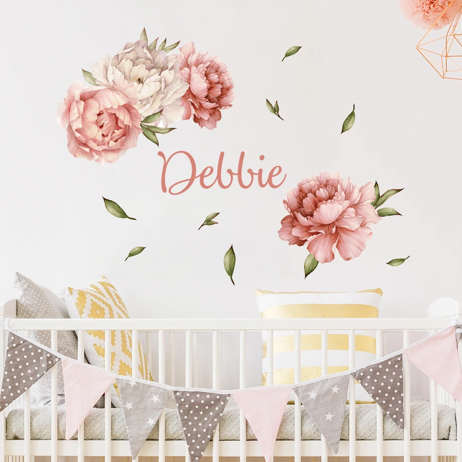 

Custom Name Floral Wreath Peony Botanical Foliage Watercolor Wall Sticker Vinyl DIY Nursery Wall Decals Kids Bedroom Home Decor