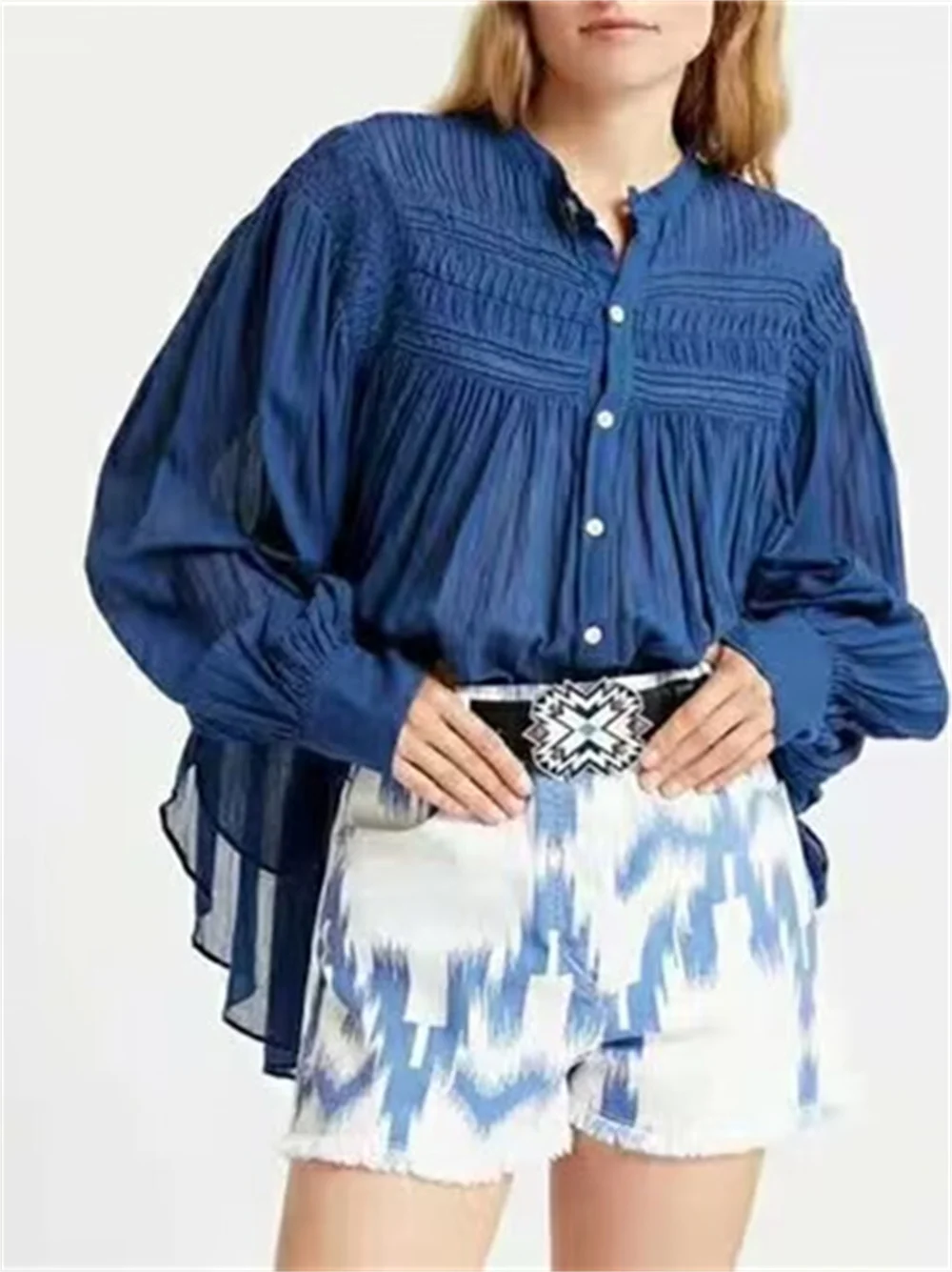 

Женская плиссированная блузка с круглым вырезом и рукавами-фонариками, новинка весны 2023, Французская женская однобортная свободная Милая рубашка с кружевной строчкой