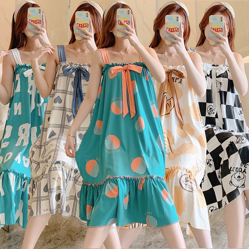 

2022 Summer Plus Size Sexy Spaghetti Strap Cute Bow Long Dress Nightgowns for Women Sleepwear Nightdress Night Dress Home Nighty