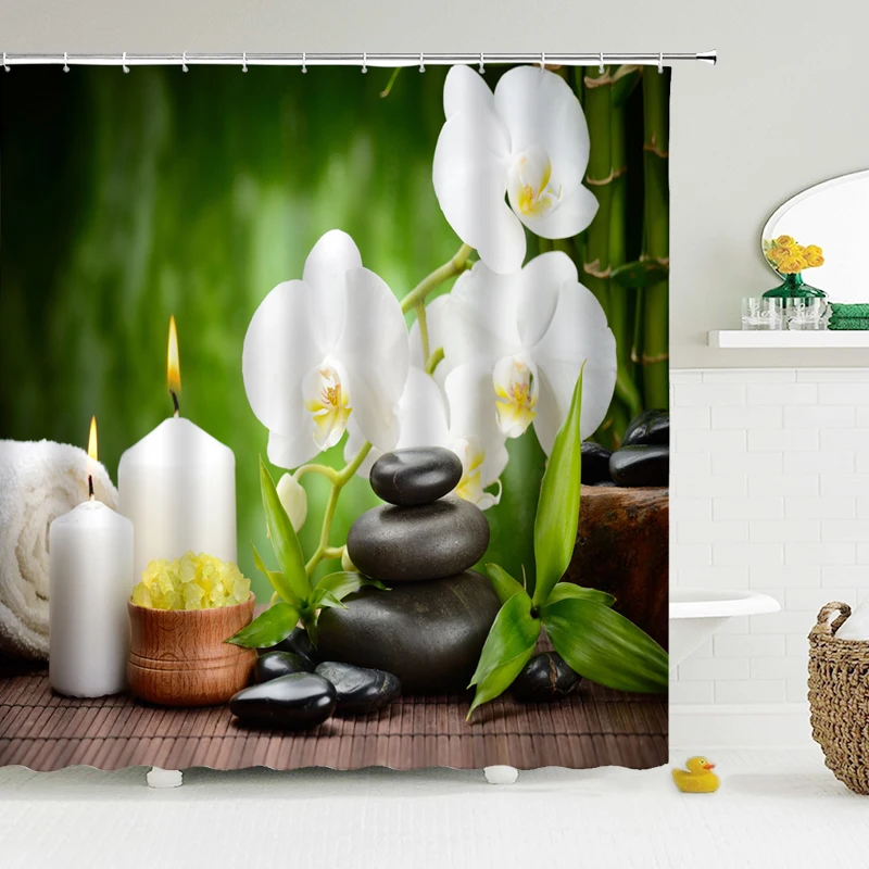 

Zen Buddhist Lotus Bamboo Shower Curtain Landscape Water Candle Stone Plant Garden Scenery Waterproof Bathroom Curtain Screen