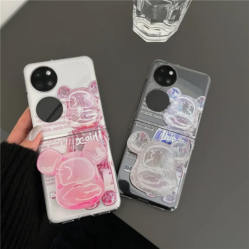 

Cute Cartoon Bear Bracket Phone Cases For Huawei P50 Pocket Clear Crystal PC Plastic Hard Back Cover Case For Huawei P50Pocket