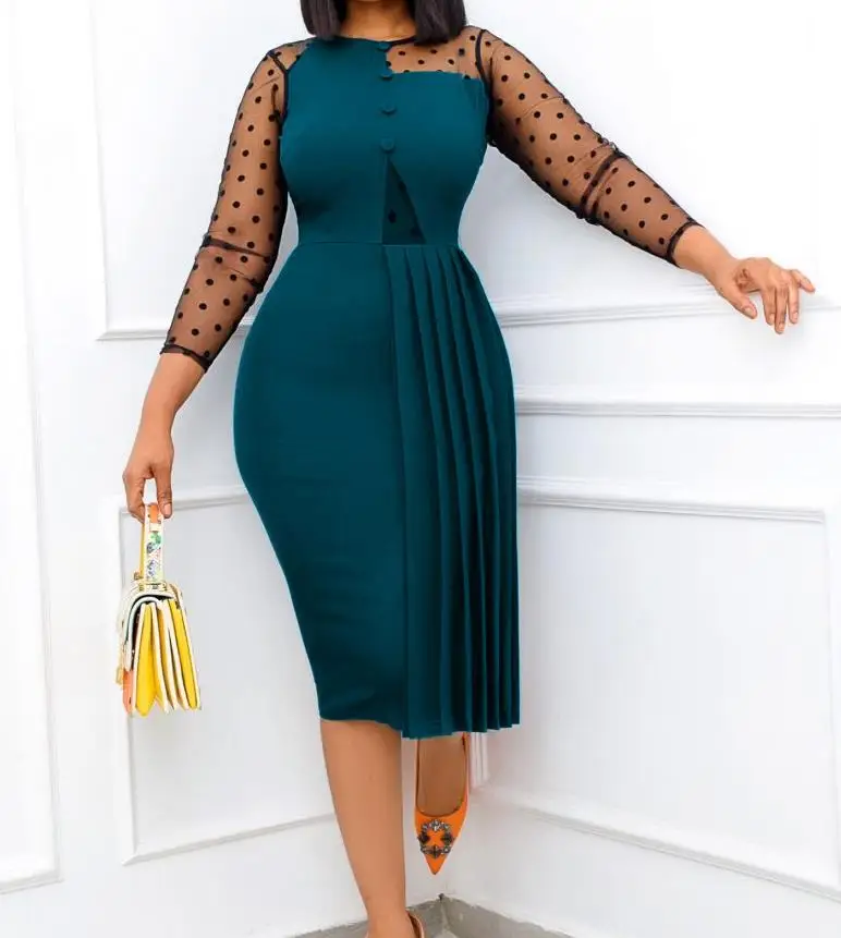 

2023 New Women's Solid Color High Waist Pencil Skirt Polyester Fiber Mesh Splice Slim Fit Wrap Hip Split Commuting Zipper Dress