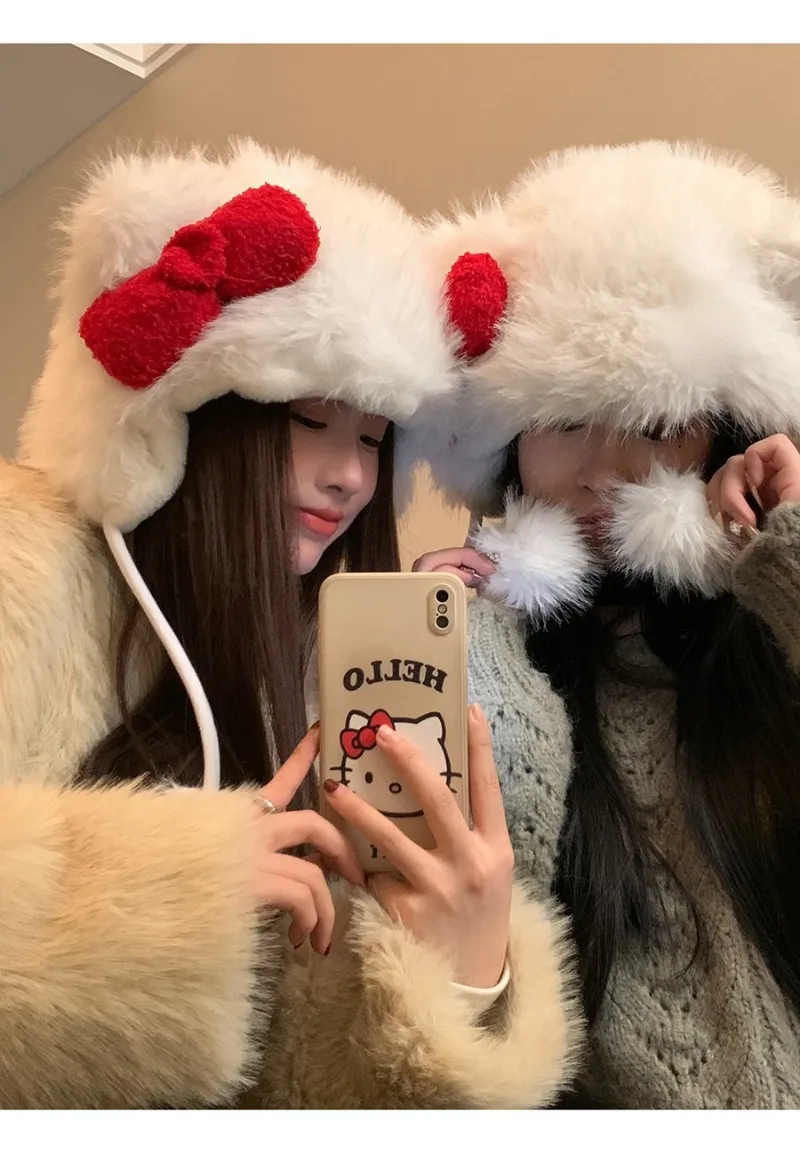 Hello Kitty мультяшный персонаж с бантом защитная шапка для ушей милая кавайная