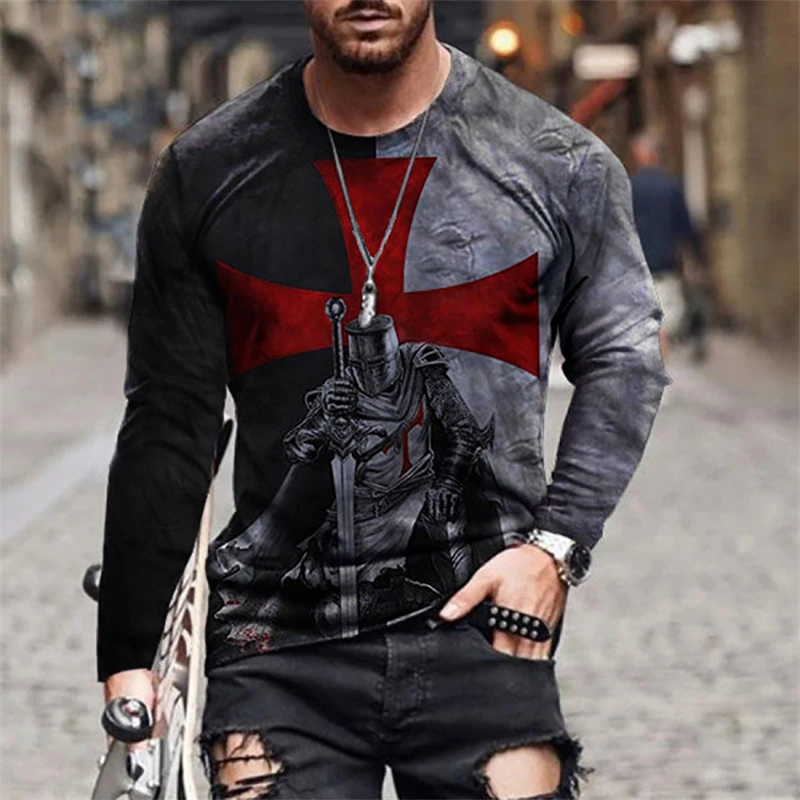 

Autumn New Mens Cross Knight Printed Oversized O Collared Vintage T Shirts Fashion Men Long Sleeve Ethnic T Shirts Chemise Homme