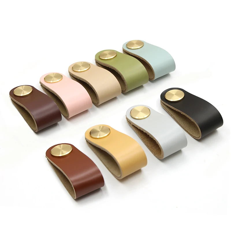 

Nordic Furniture Drawer Real Leather Knob Luxury Brass Wardrobe Cupboard Cabinet Handle Door Leather Decoration Artificial Pulls