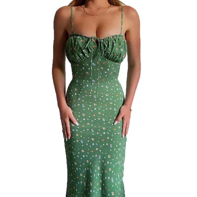 

Sexy Hem Slit Floral Print Sling Dress Women Summer Dress 2022 New Casual Slim Strapless High Waist Midi Bandeau Spaghetti Strap