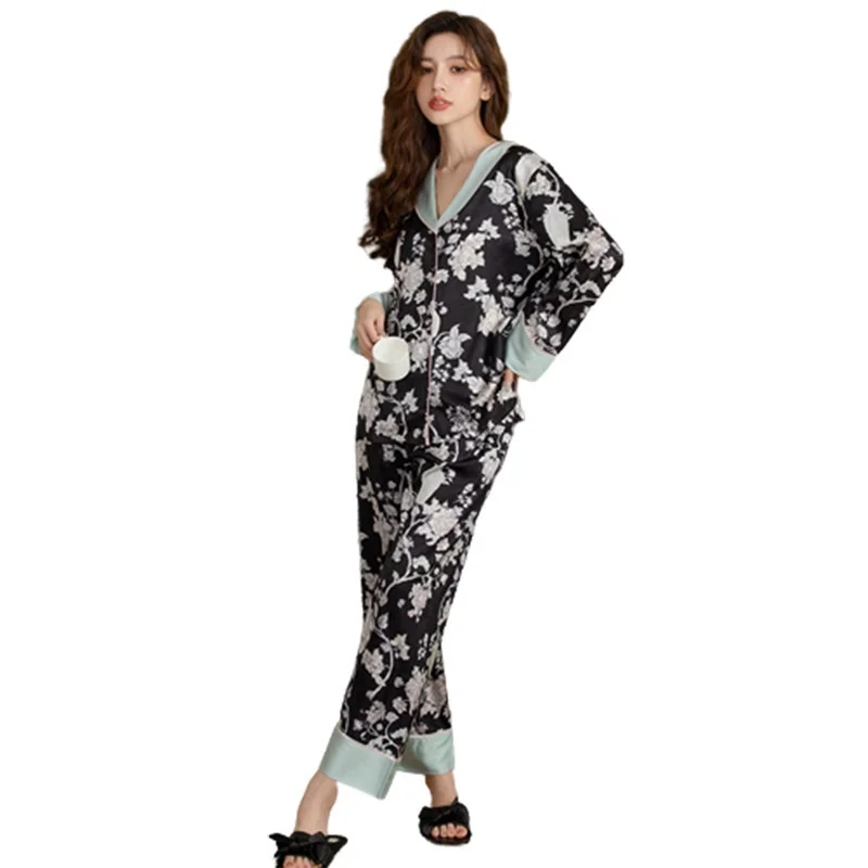Lisacmvpnel Autumn Ice Silk Pajamas Women's Print Fashion Thin Long Sleeve Pajama Set