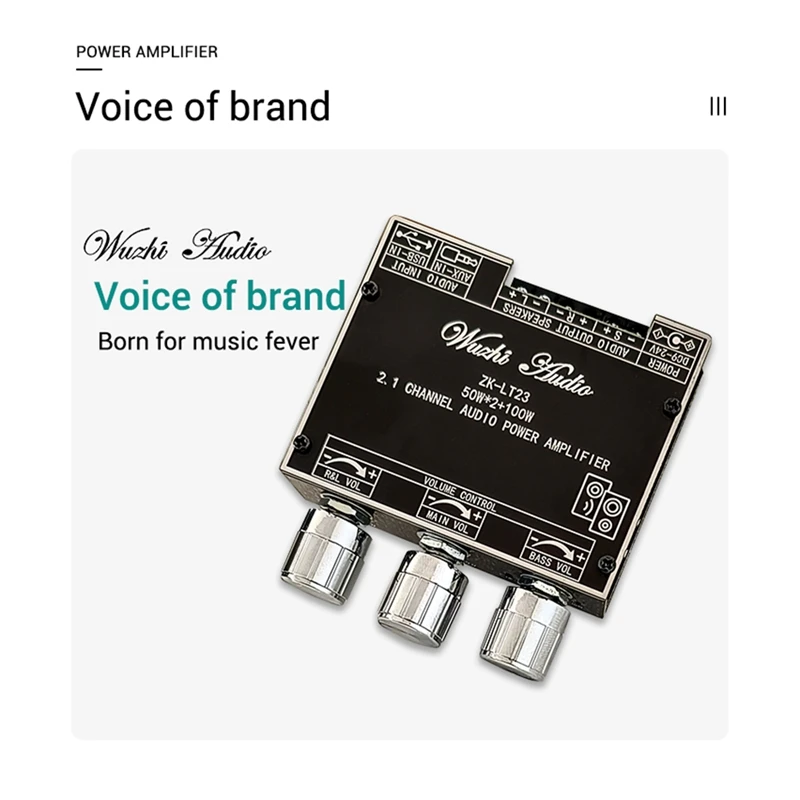 Цифровой усилитель мощности 2 1 каналов Bluetooth 5 AUX 2x50 Вт + 100