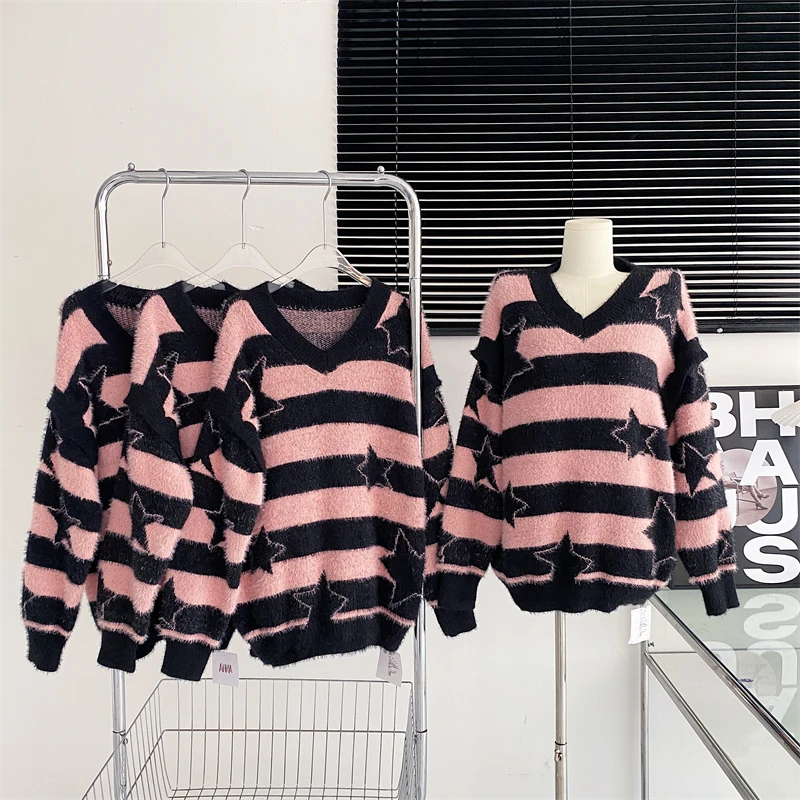 

Women's Autumn and Winter New High-end Temperament V-neck Lantern Long Sleeve Star Stripe Loose Sweater Knitted Pullover
