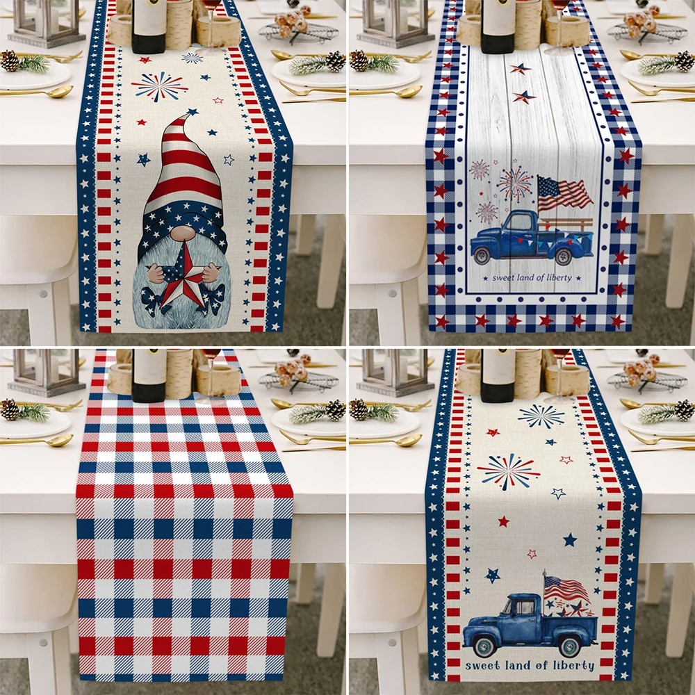 Independence Day Table Runner Cotton Linen July 4th Truck Plaid Table Covers Table Runner Dresser Scarf Party Dining Decorations