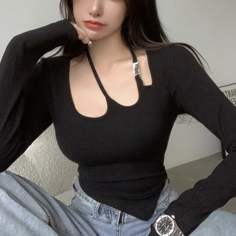 

Женский укороченный топ в Корейском стиле, необычная трикотажная эластичная футболка с длинными рукавами и винтовой нитью в стиле ретро, ос...