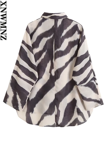 XNWMNZ 2022 Summer Women Fashion Lapel Long Sleeve Cotton Linen Zebra Printed Shirt Woman Loose Blouses Casual Tops Female
