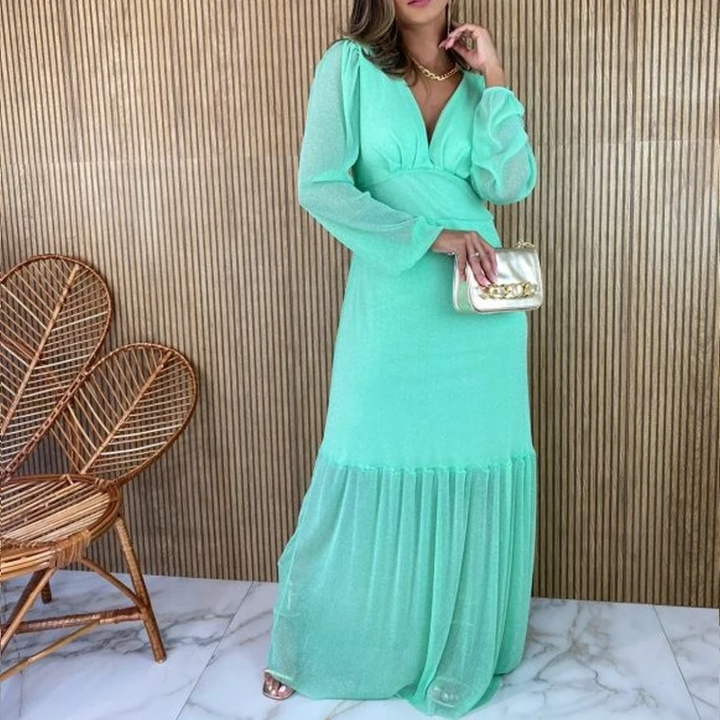 

Lady Sexy Folds V-Neck High Waist Dress Fashion Slim Stitching Pleated Hem Maxi Dress Women Spring New Elegant Shiny Party Dress