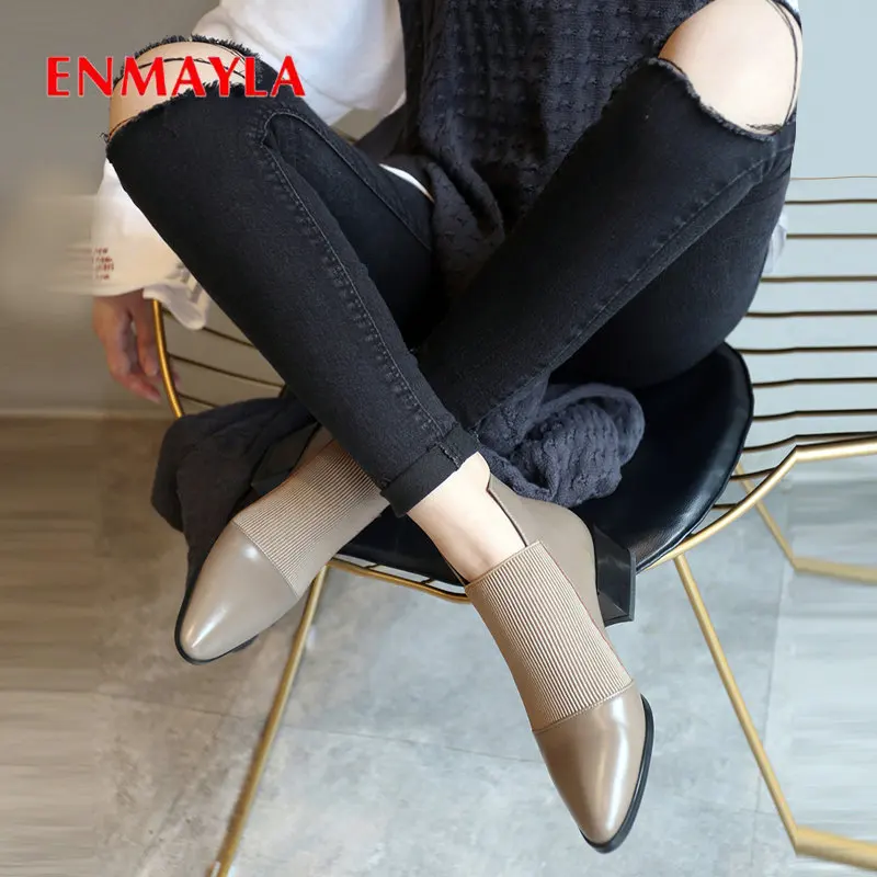 

ENMAYLA 2019 Genuine Leather Fashion Women Shoes Pointed Toe Chelsea Boots Square Heel Elastic Band Winter Boots Women 34-40