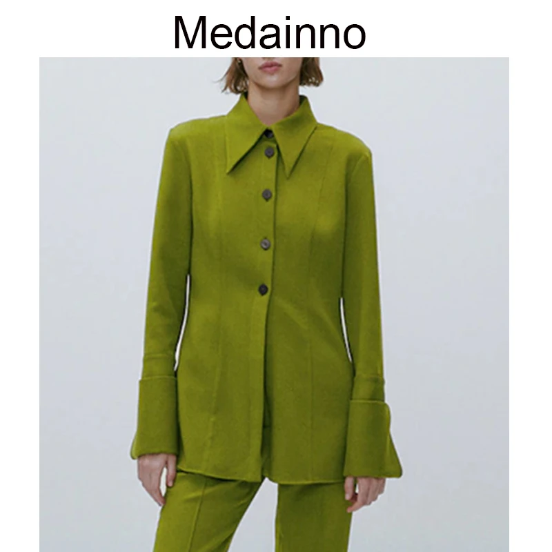 

Medainno 2022 осень-зима модная женская Новая Элегантная приталенная рубашка с разрезом повседневные Однотонные блузки Элегантные Простые Топы ...