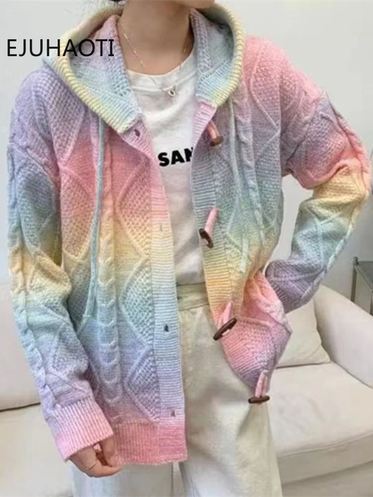 

Sweater Women's Hooded 2023 New Style Wearing Slouchy Wind Rainbow Soft Waxy Loose Cow Horn Button Knitted Cardigan Coat Women