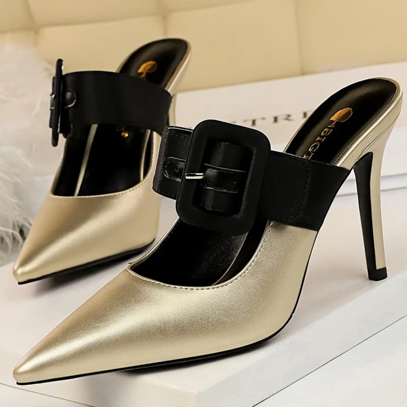 

Женские туфли без задника на высоком каблуке 2022 см, туфли-лодочки золотого и синего цвета с острым носком, шлепанцы для вечерние, лето 9,5