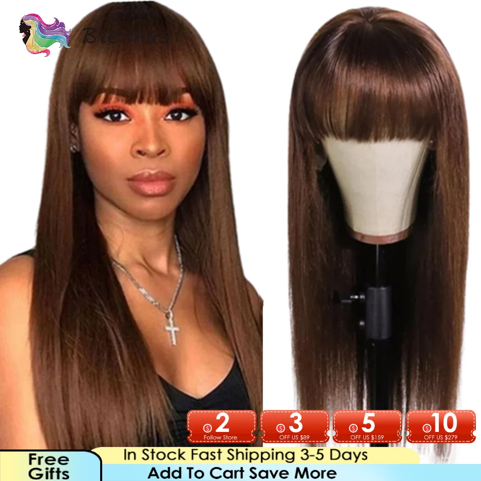 Chocolate Brown Colored Straight Human Hair Wigs With Bangs Peruvian Remy Hair Full Machine Made Easy Install Glueless Hair Wigs