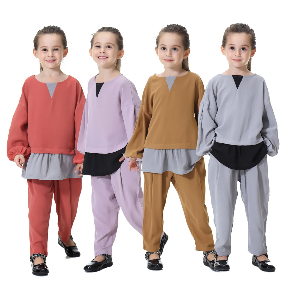 

Fashion Muslim Abayas For Children Turkish Saudi Arabia Malay Kids Girls Islamic Clothing Long Shirt Pant Set Harem Pants Suit