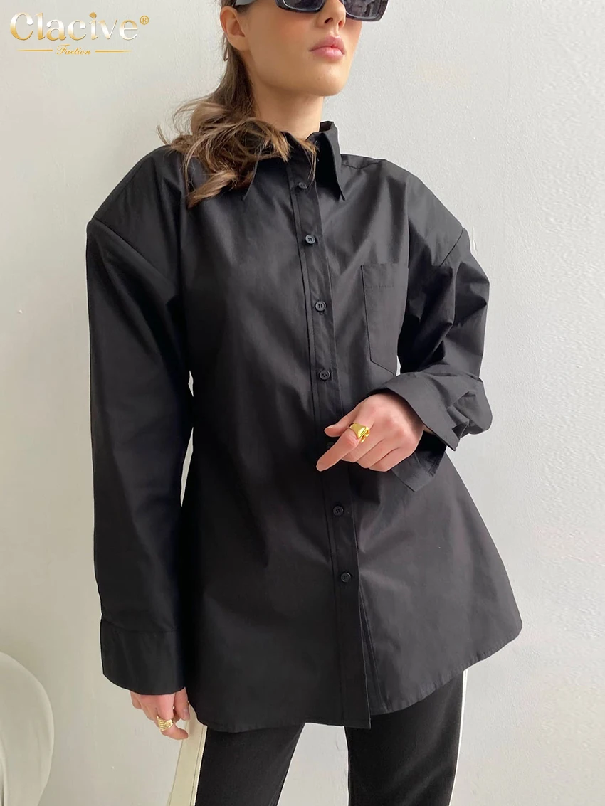 

Элегантная тонкая черная женская рубашка Clacive 2023, модные офисные женские рубашки и блузки с отложным воротником и длинным рукавом, топы, жен...