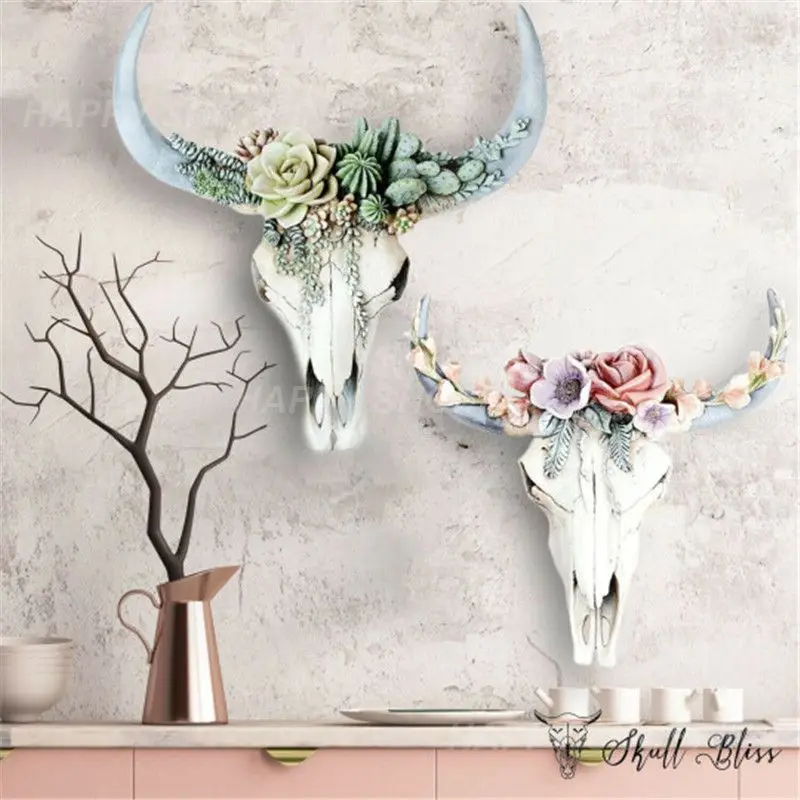 3D Animal Wall Decor Flower Cow Skull Resin Wall Ornament Home Decoration Crafts Bull Head Pendant Durable Wall Hanging Ornament