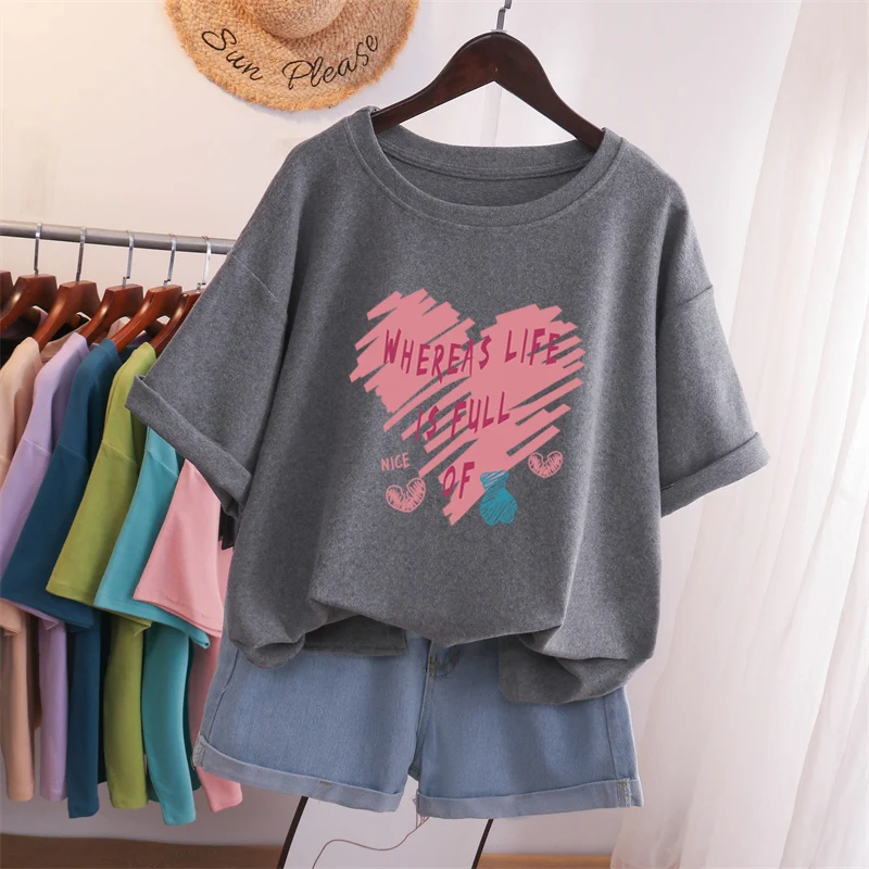 

DAYIFUN 100% Cotton M-6XL T Shirt Heart Print Tshirt Short Sleeve Women's Top Summer Harajuku Couple O Neck Oversized T Shirts