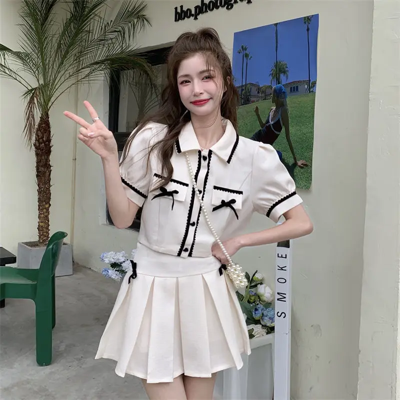 

Women 2022 Summer Fashion 2 Piece Sets Female Short Jacket Coat Crop Top + High Waist Mini Pleated Skirts Ladies Suits Y160