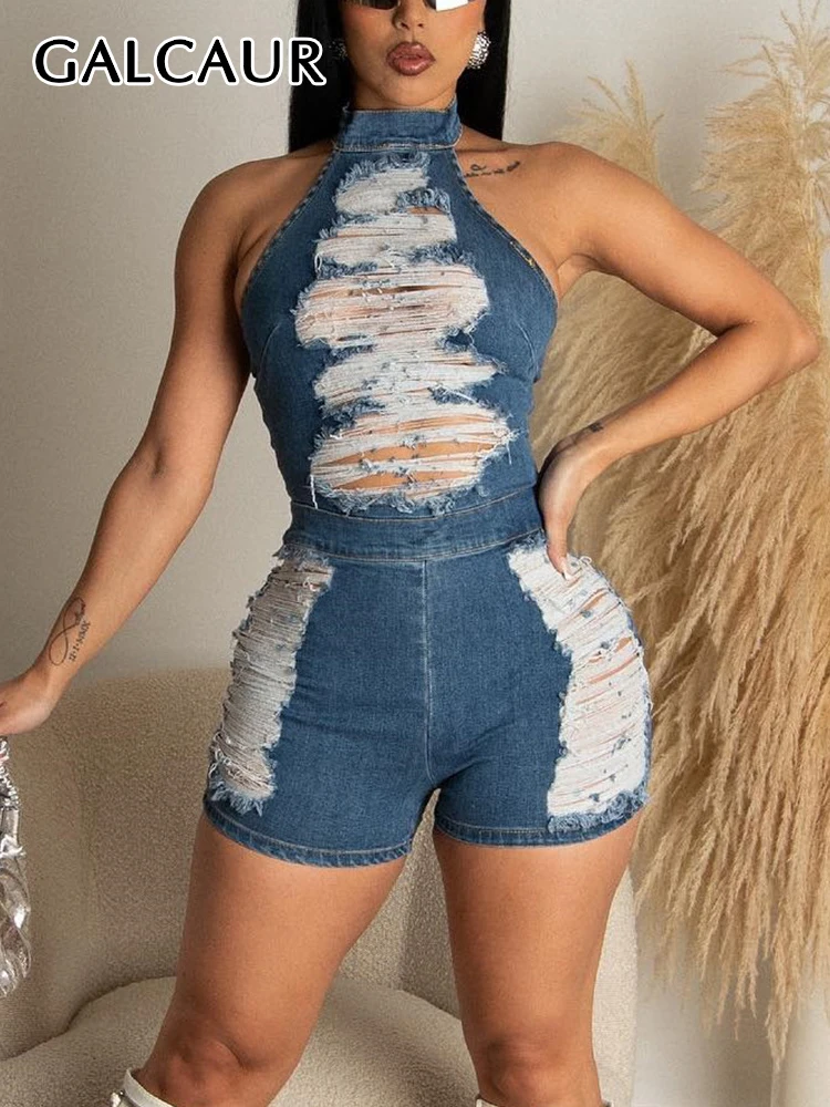 

GALCAUR Sexy Blue Playsuit For Women Halter Sleeveless High Waist Spliced Hollow Out Skinny Playsuits Female Clothing 2023 New
