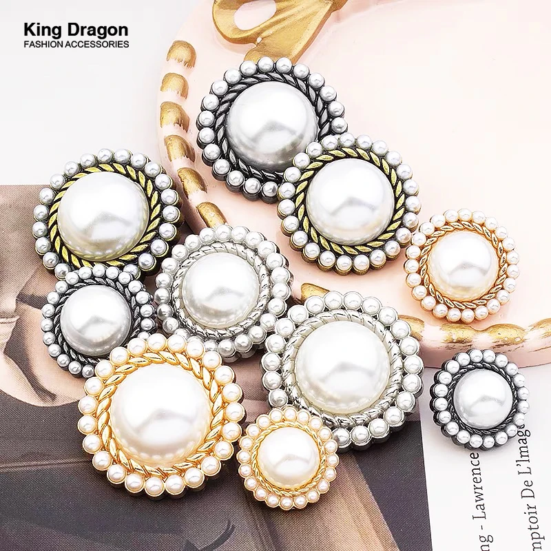 

New Arrival 6PC Antique Rhinestone Decor Metal Gold Pearl Buttons For Clothes Coat Cardigan Sweater Sew Needlework 15MM-25MM