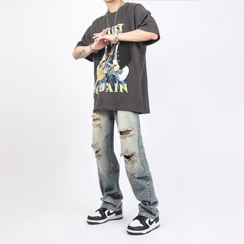 Streetwear Mens Jeans Straight Retro Loose Hole Fashion Full Length Trousers Ripped Jeans Pantalones Vaqueros Hombre