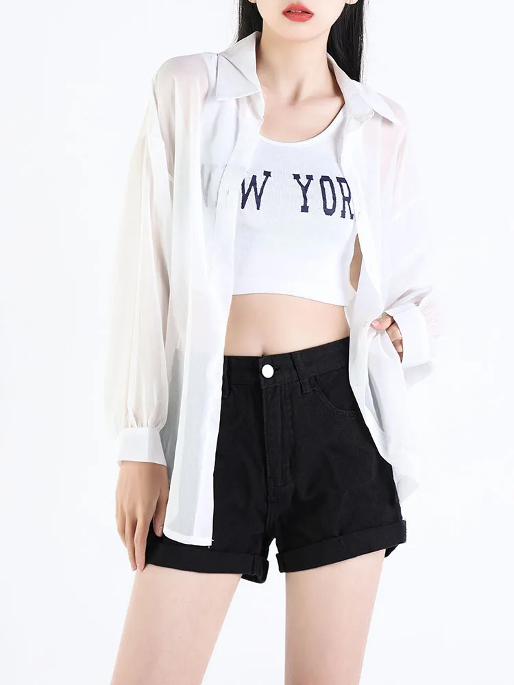 New Spring Summer Women High Waist Slim Fit Black Denim Shorts Casual Female Button Retro Jeans Shorts Bottoms