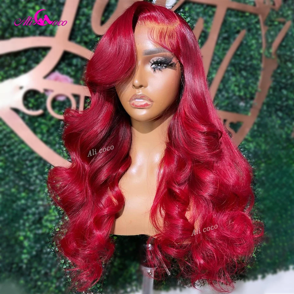 13x6 Cherry Red Burgundy Colored Body Wave Lace Front Wigs Pre-Plucked Peruvian Human Hair Wigs For Black Women 180% Density