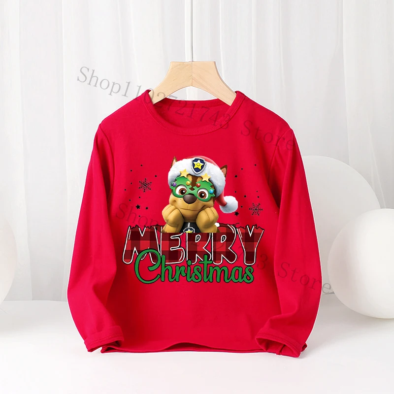 Paw Patrol Christmas Long Sleeved for T-shirt Children Anime Cartoon Cute Top Boys Girls Xmas Undershirts New Year Kids Clothes