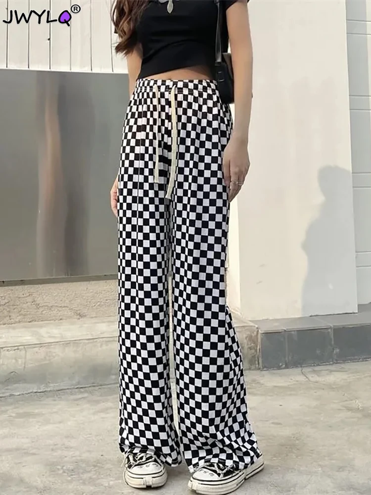 High Waist Lace-up Plaid Print Wide Leg Pants Womens Casual Loose Straight Pantalones New Summer Thin Korean Fashion Baggy Pants