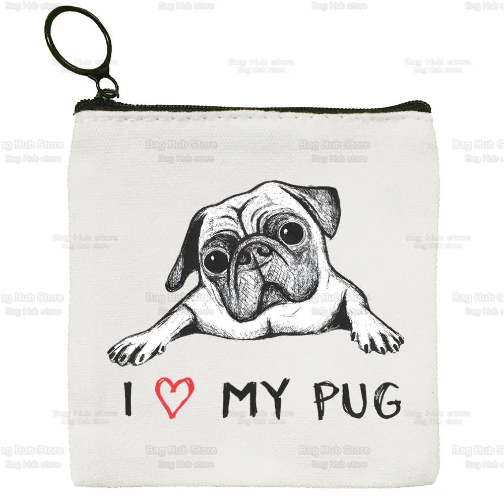 Pug Dog Animal Pet Cartoon Canvas Coin Purse Custom Logo Storage Pouch Canvas Bag  New Coin Bag Key Coin Purse