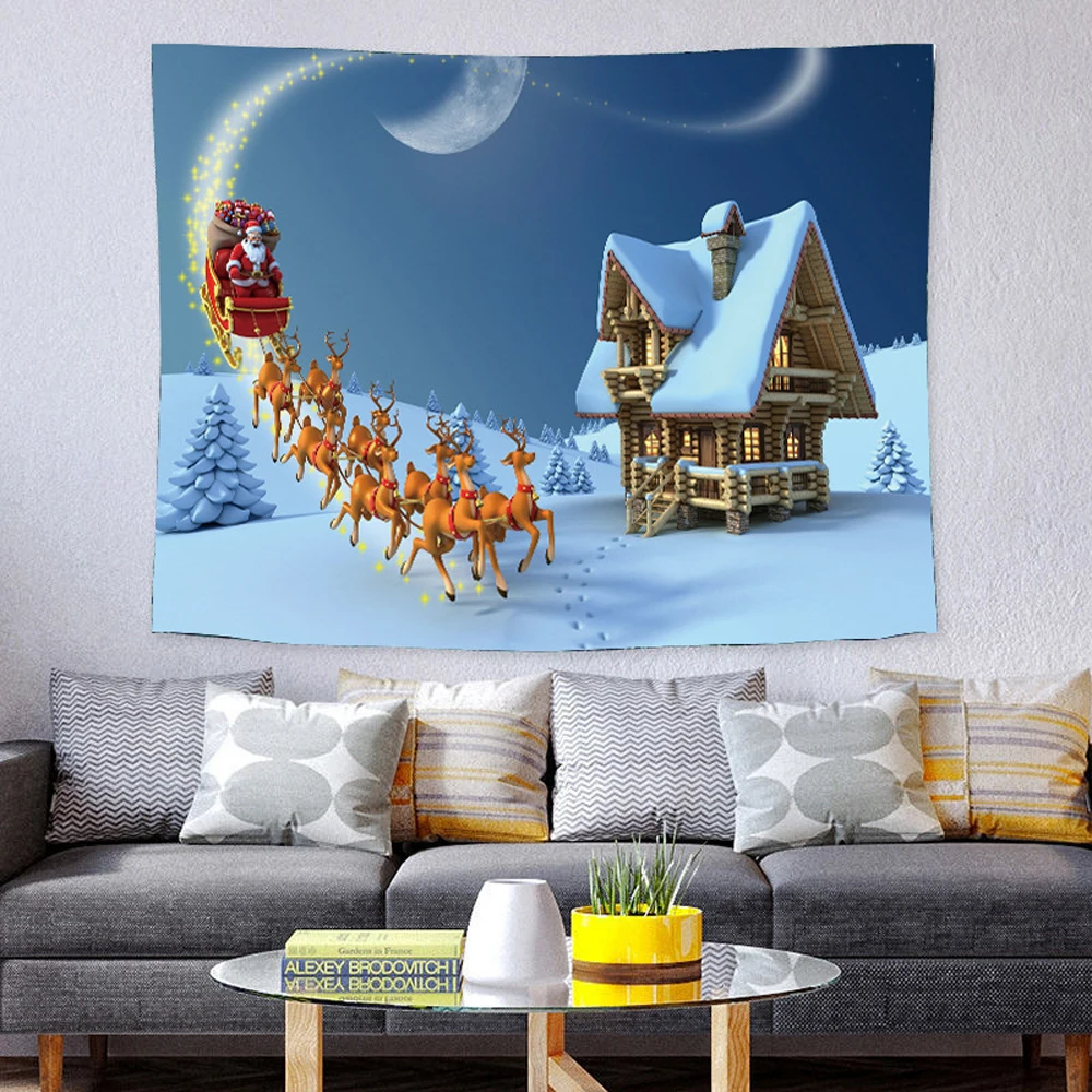 

Christma Reindeer New Year Tapestry Chalet Santa Claus Sled Xmas Tree Tapestrie Bedroom Living Room Dorm Home Decor Wall Hanging