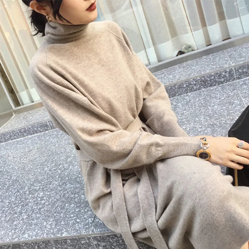 

Sweater Long Dress With Sashes Women Knitted Turtleneck Dress Autumn Winter Warm Knit Female Dress Loose Midi Vestidos Dresses