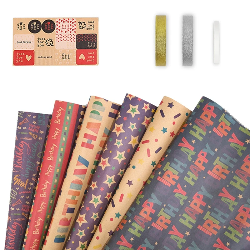 

6 Pcs Wrapping Paper Sheets,Birthday Wrapping Paper Set Gift Wrap Papers,Ribbon Present Gift Wrapping Paper