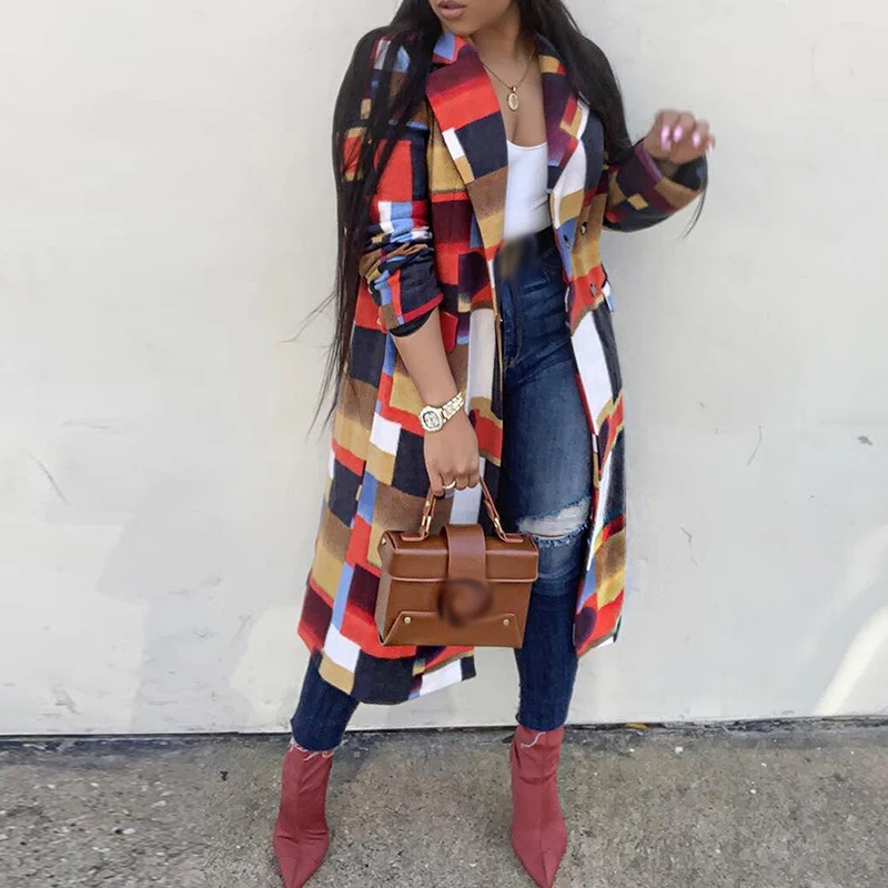 

Vintage Plaid Printing Women Overcoats Autumn Fashion Long Sleeve Turn-down Collar Buttoned Long Jackets Ladies Casual Outerwear
