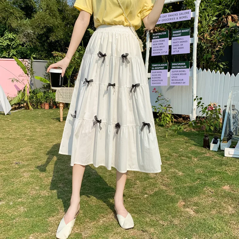 Kawaii Skirt Women Bow White Black Korean Chic Elastic Waist A-line Midi Pleated Skirts Summer Fashion Skirt Girl