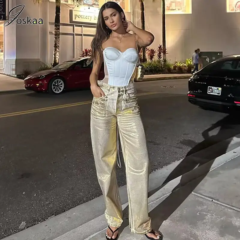 

Joskaa Luxury Shiny Button Fly Midi Waist Slim Straight Leg Pants Women Fall 2023 Fashion Y2K Streetwear Trousers Trending