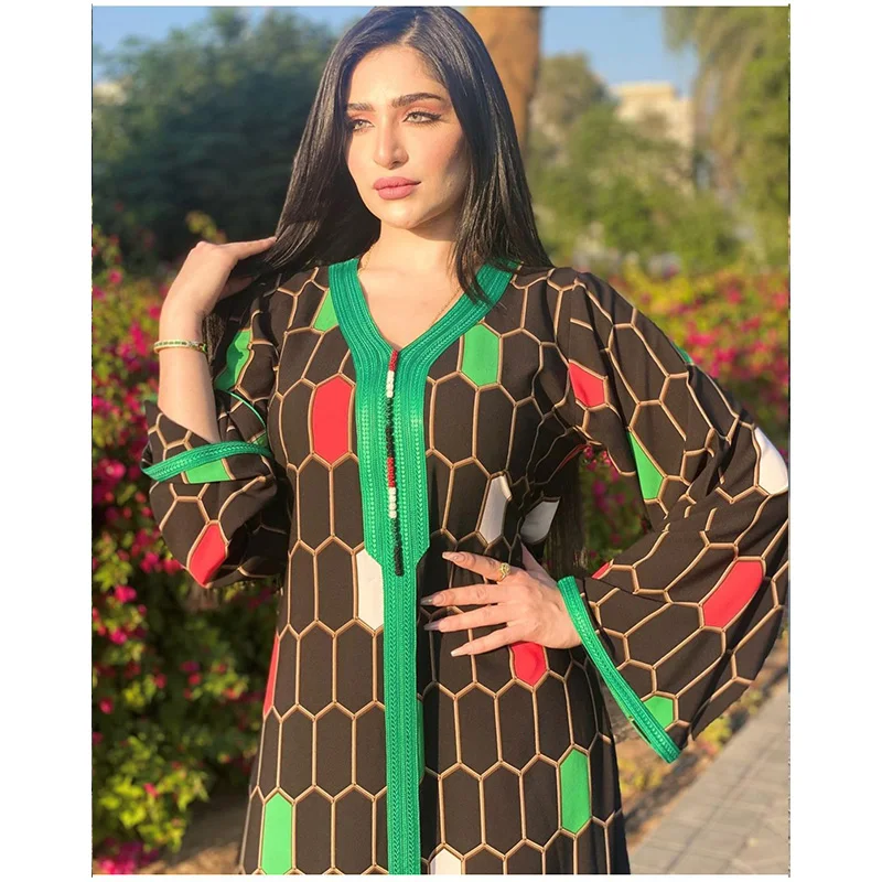 Muslim Fashion Middle East Printed Robe Jalabiya Dubai Arab Muslim Abaya Dubai Turkey Long Dresses Robe Femme Musulmane