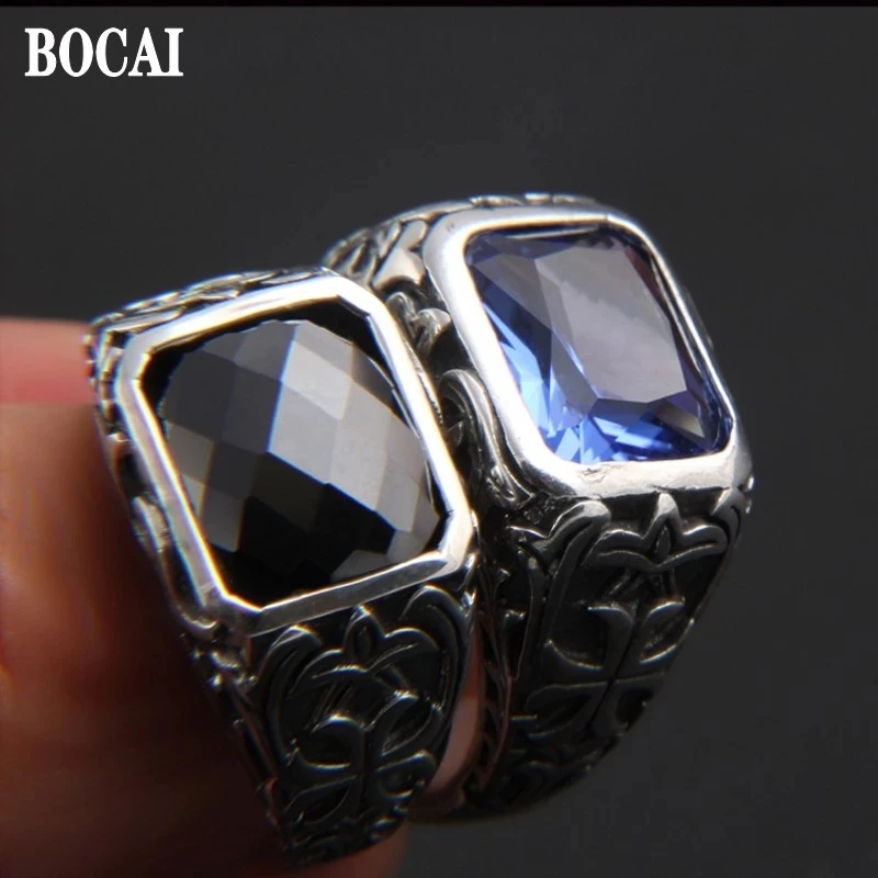

BOCAI 100% Real S925 Silver Jewelry Fashionable Temperament Faceted Black Onyx/Blue Crystal Men's Ring Retro Thai Trend Gift