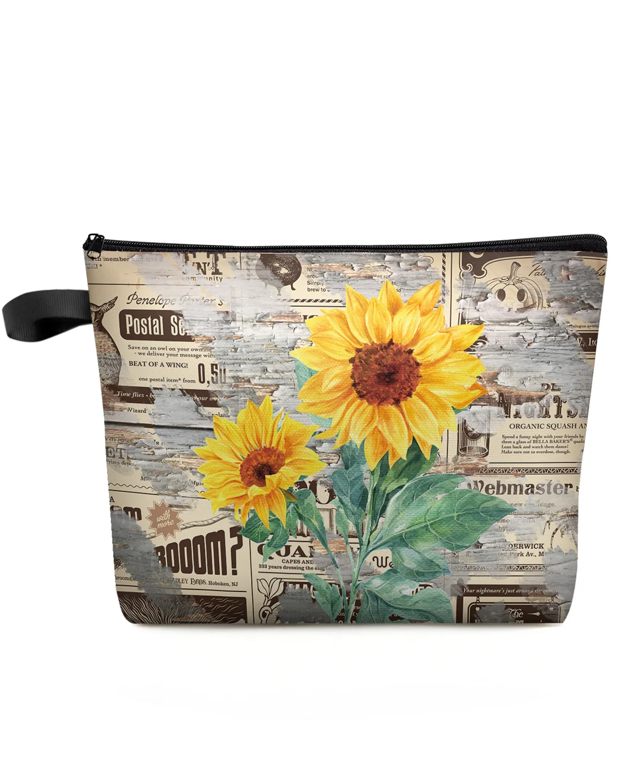 

Sunflower Vintage Newspaper Wood Grain Makeup Bag Pouch Travel Essentials Women Cosmetic Bags Organizer Storage Pencil Case