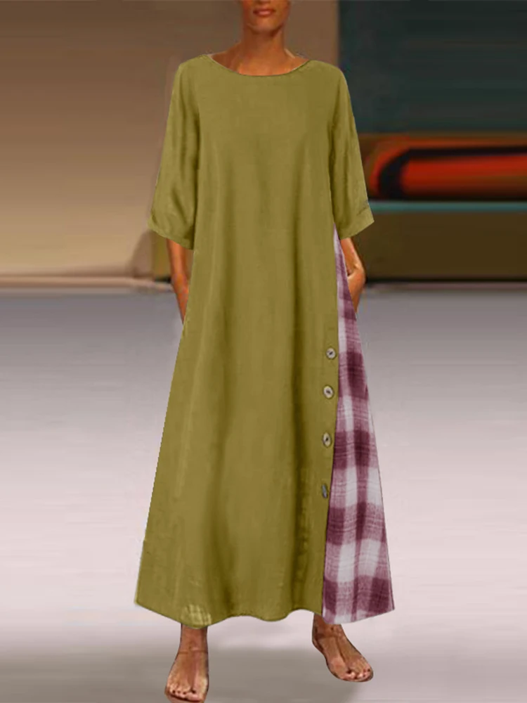 

ZANZEA 3/4 Sleeve Plaid Checked Long Dress Autumn Women Vintage Patchwork Sundress Robe Oversize Femme Casual Party Vestidos