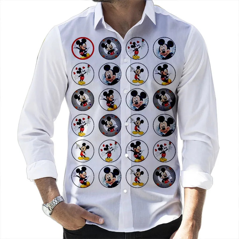 Haut à revers manches longues pour homme coupe cintrée décontracté imprimé en 3D dessin animé Disney Mickey Minnie Winn